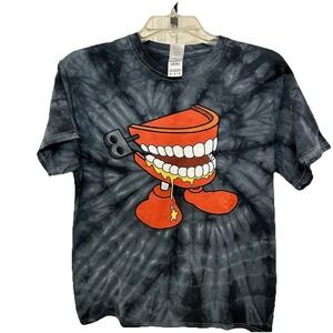 Men's Black Tie-dye Graphic T-shirt with A Wind-up Chattering Teeth Design M EUC